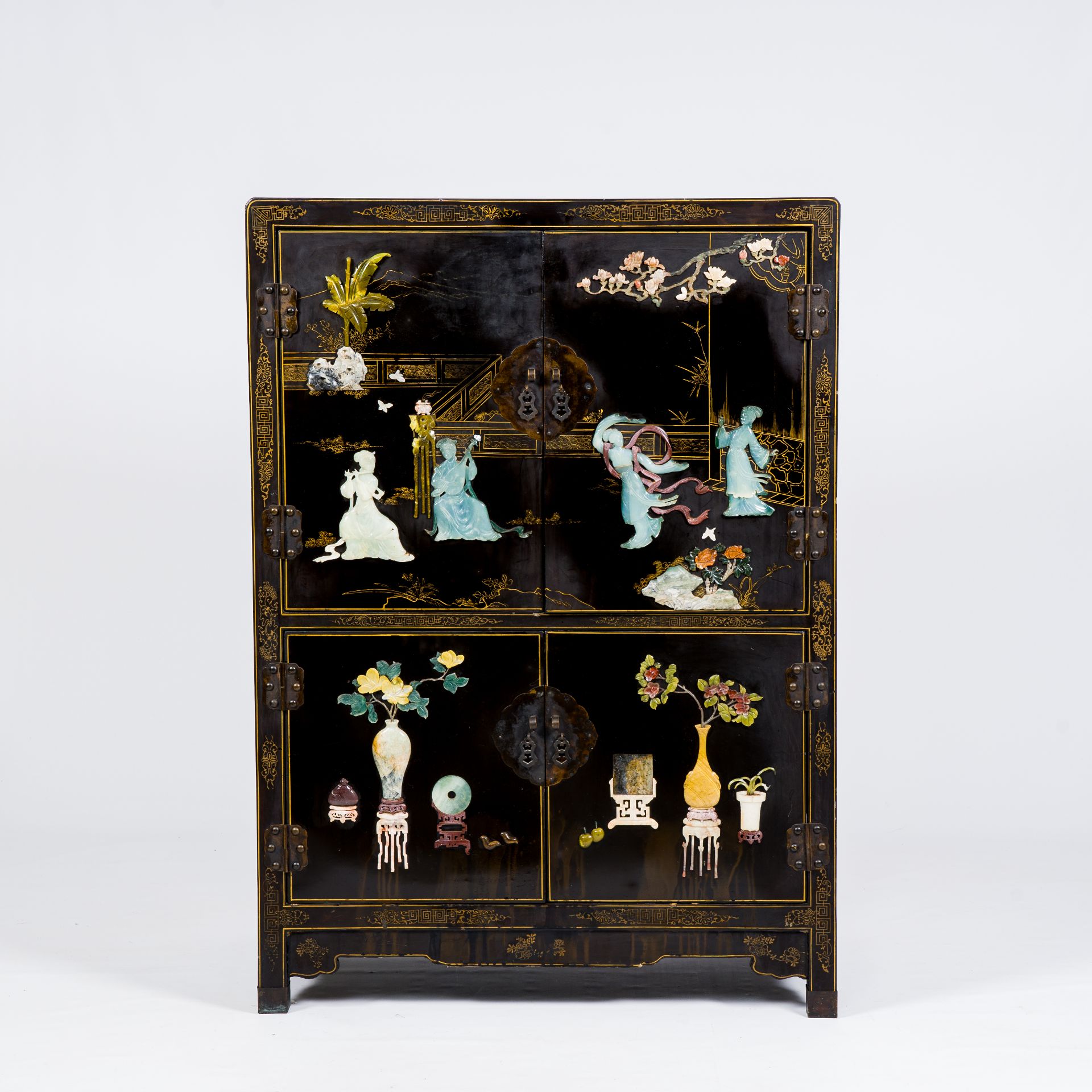 A Chinese lacquered wood cabinet inlaid with semi-precious stones showing ladies on a terrace, flowe - Image 9 of 13