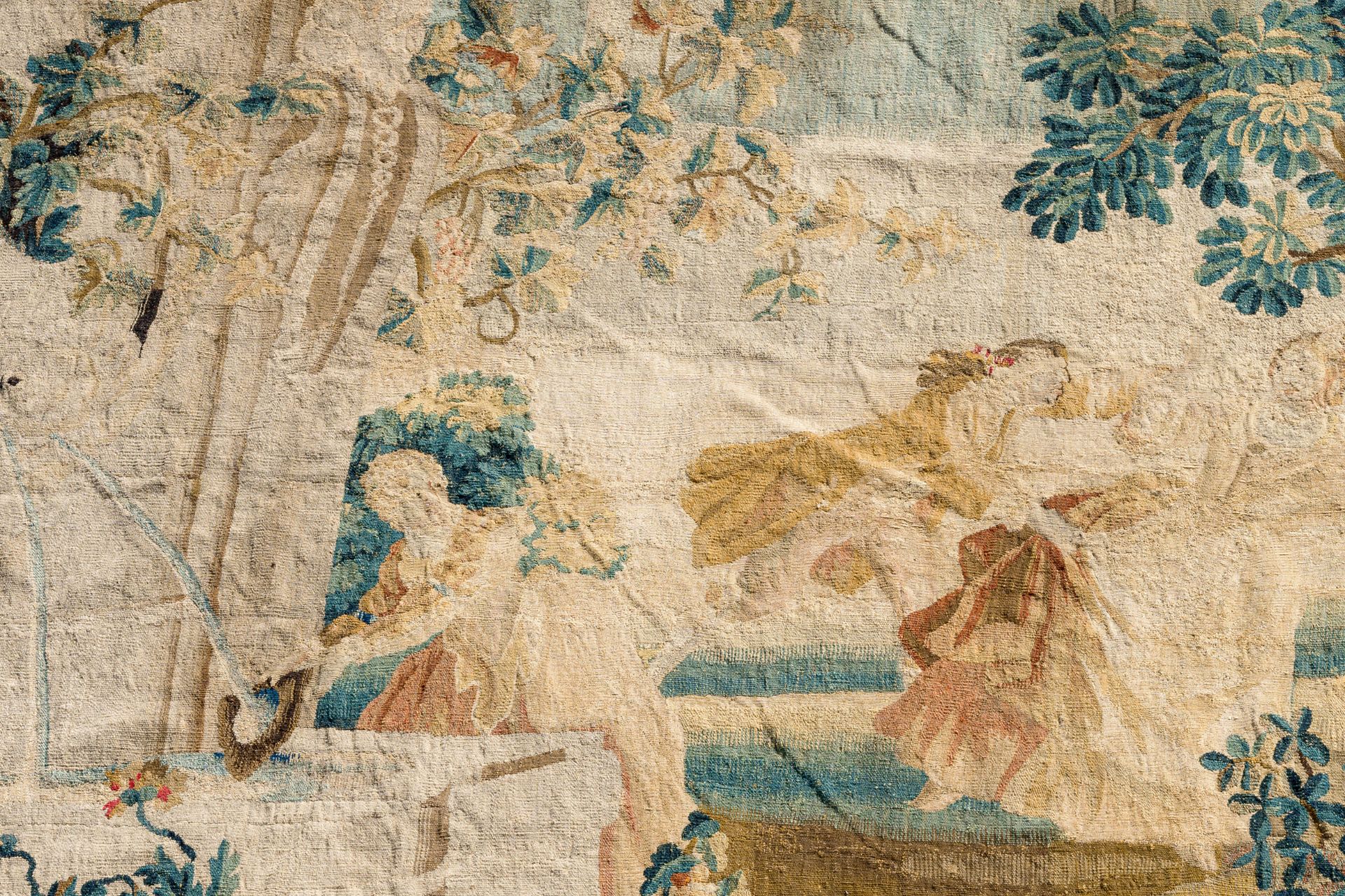 A large French Aubusson wall tapestry with dancers in a landscape, 18th C. - Image 5 of 6