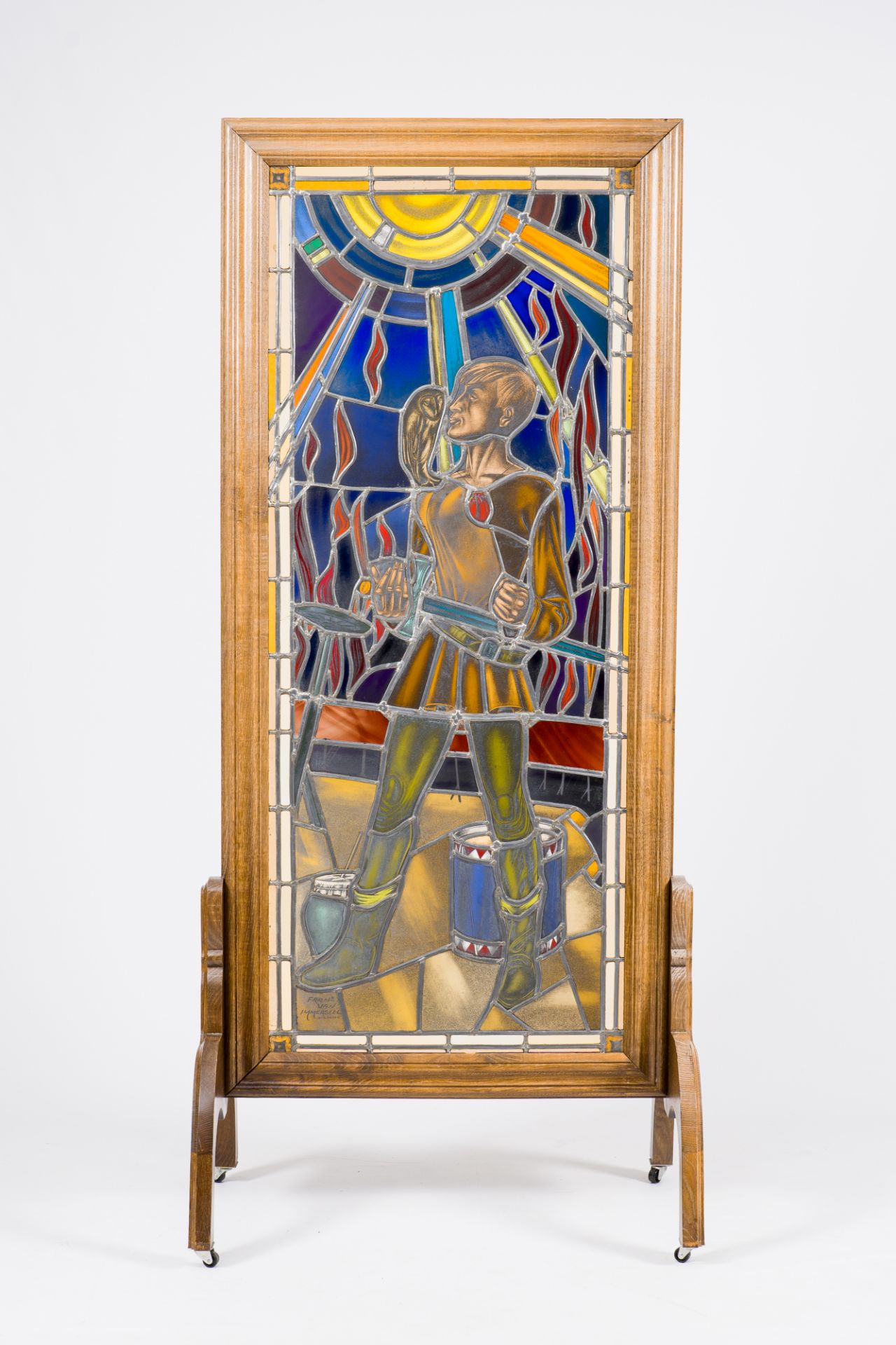 Frans Van Immerseel (1909-1978): A painted and stained glass 'Till Eulenspiegel' window in a wood fr - Image 2 of 8