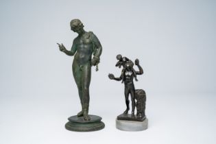 After the antique: Narcissus and Young Bacchus and a faun having fun, patinated bronze, 19th C.