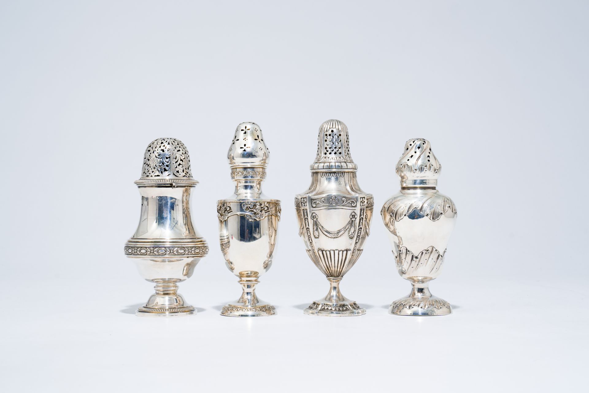 Four various French silver casters with floral design, possibly 18th C. and later - Image 4 of 14