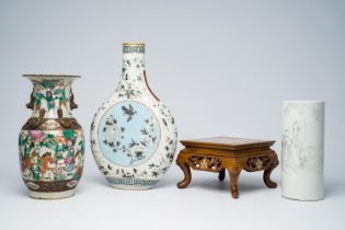 A Chinese Dayazhai style moon flask, a Nanking crackle glazed famille rose vase, a grisaille hat sta
