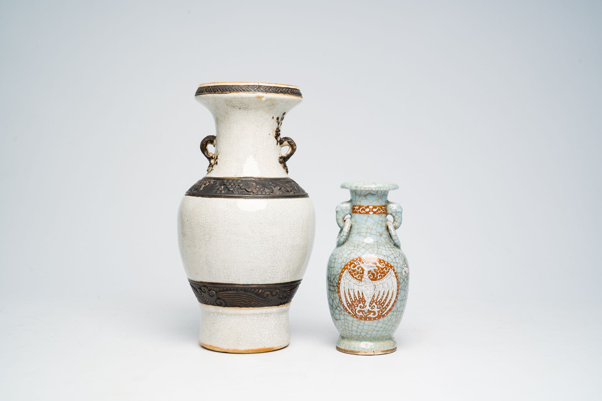 A Chinese Nanking crackle glazed vase with relief design and a polychrome celadon crackle glazed 'ph - Image 3 of 6