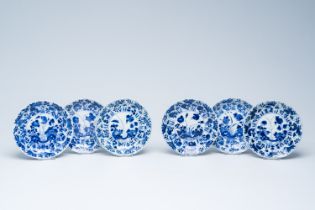 Six Chinese blue and white saucers with floral design, Kangxi