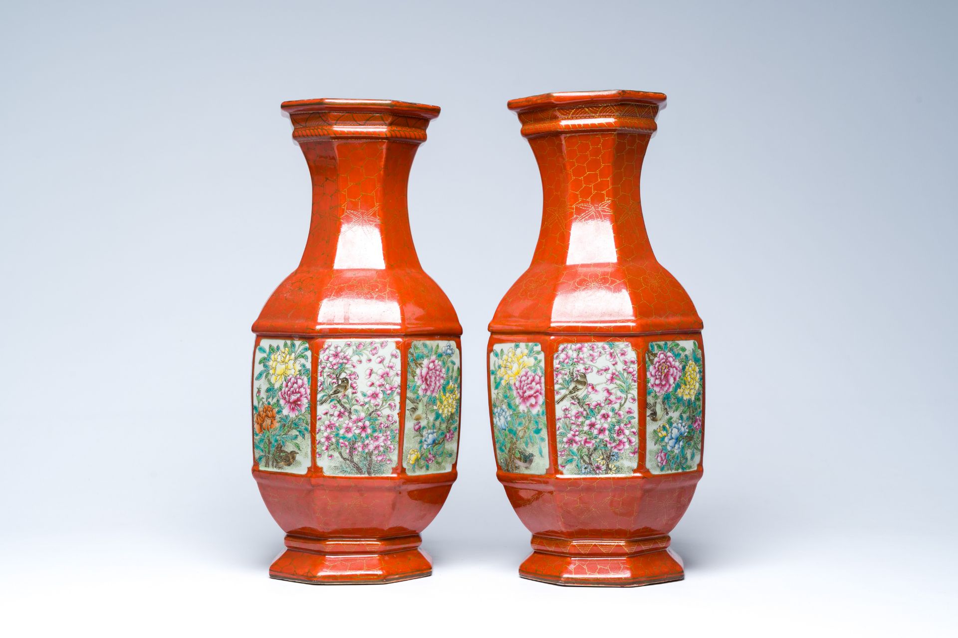 A pair of Chinese famille rose coral-red ground vases with birds among blossoming branches, Qianlong - Image 4 of 6