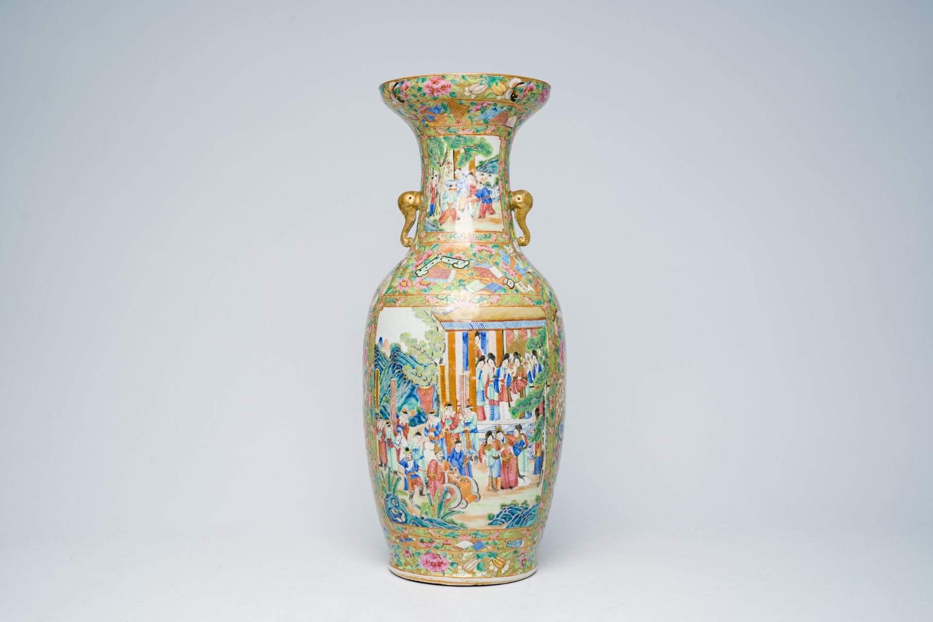 A Chinese Canton famille rose vase with palace scenes, antiquities and floral design, 19th C.