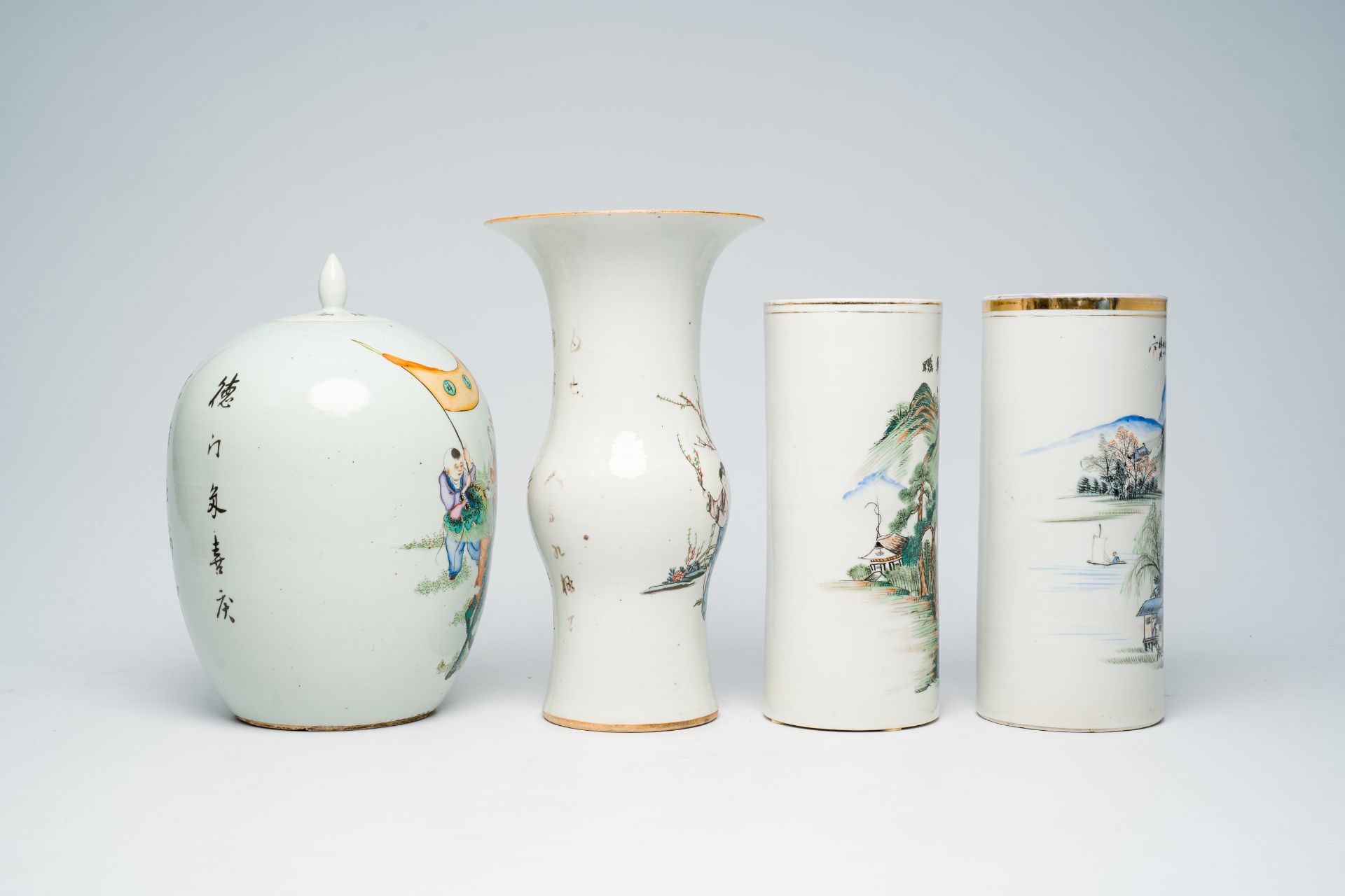 Two Chinese qianjiang cai hat stands with an animated river landscape, a yenyen vase and a famille r - Image 5 of 7