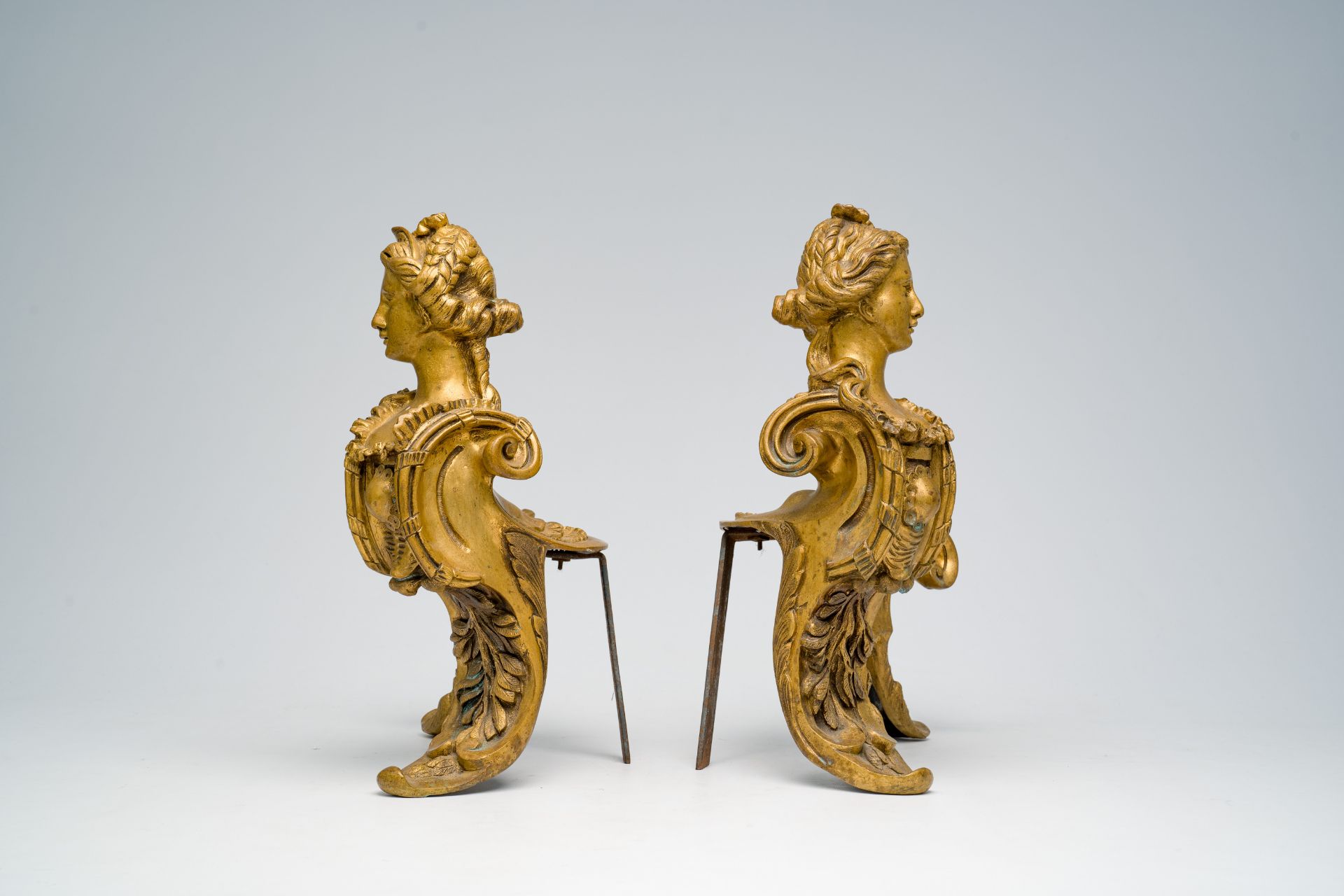 A pair of French Louis XIV style bronze andirons crowned with a regal lady's bust in the manner of F - Image 4 of 8