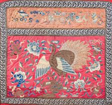 A Chinese embroidered silk panel depicting a peacock among blossoming branches, 19th/20th C.