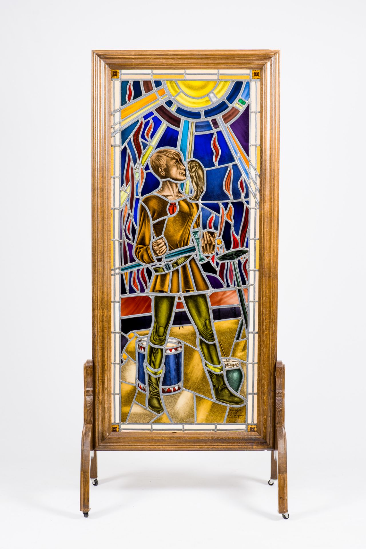 Frans Van Immerseel (1909-1978): A painted and stained glass 'Till Eulenspiegel' window in a wood fr - Image 7 of 8