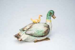 A Brussels polychrome faience duck-shaped tureen and cover, 18th C.