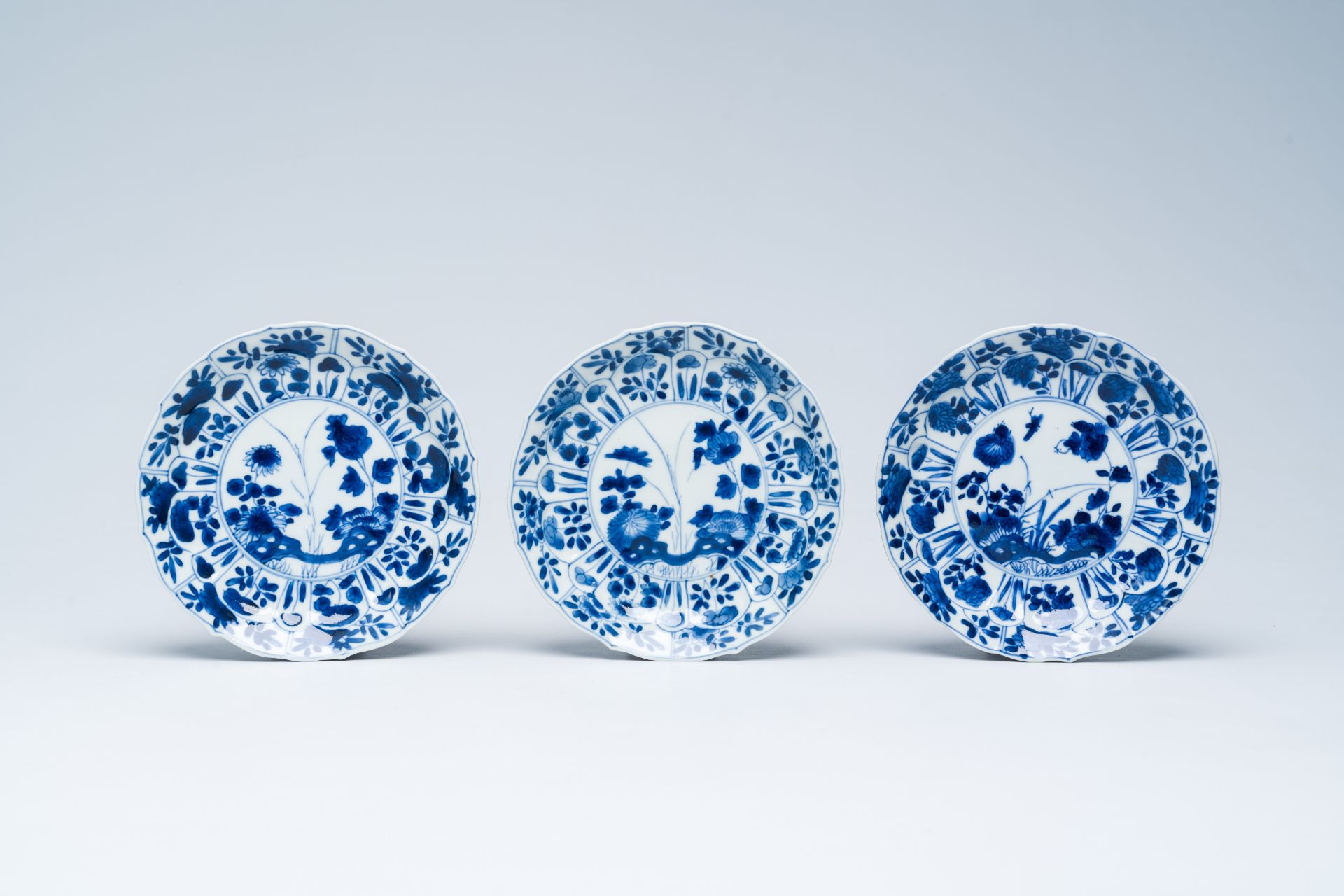 Six Chinese blue and white saucers with floral design, Kangxi - Image 2 of 5