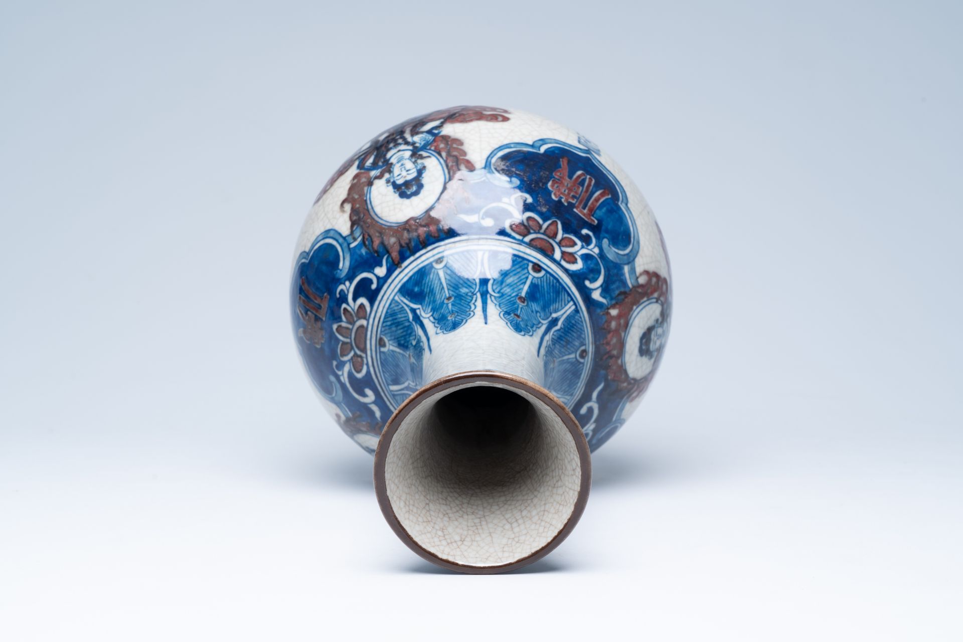 A Chinese bottle shaped crackle glazed blue, white and copper-red 'deities' vase, Yongzheng mark, 19 - Image 5 of 6