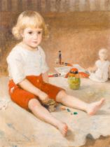 Frans Van Holder (1881-1919): A child with his toys, oil on canvas, dated 1911