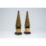 A pair of Italian Neoclassical black and yellow marble obelisks, 20th C.