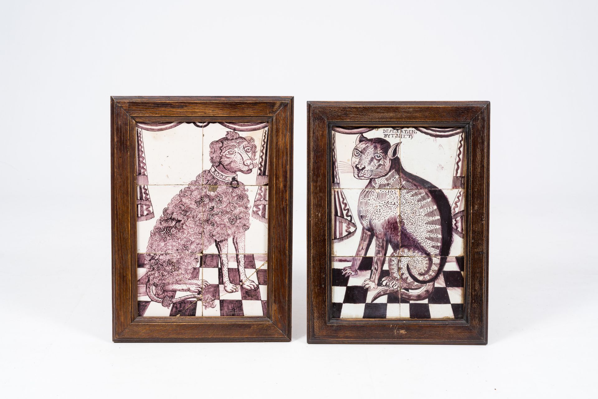 A pair of Dutch Delft manganese tile murals with a cat and a dog ('Roos'), 18th C.