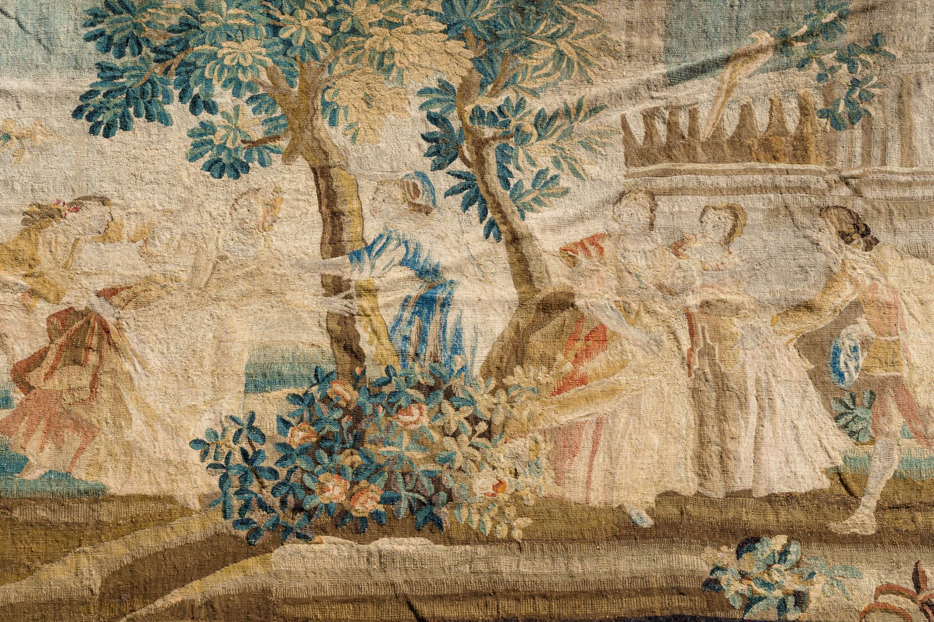 A large French Aubusson wall tapestry with dancers in a landscape, 18th C. - Image 3 of 6