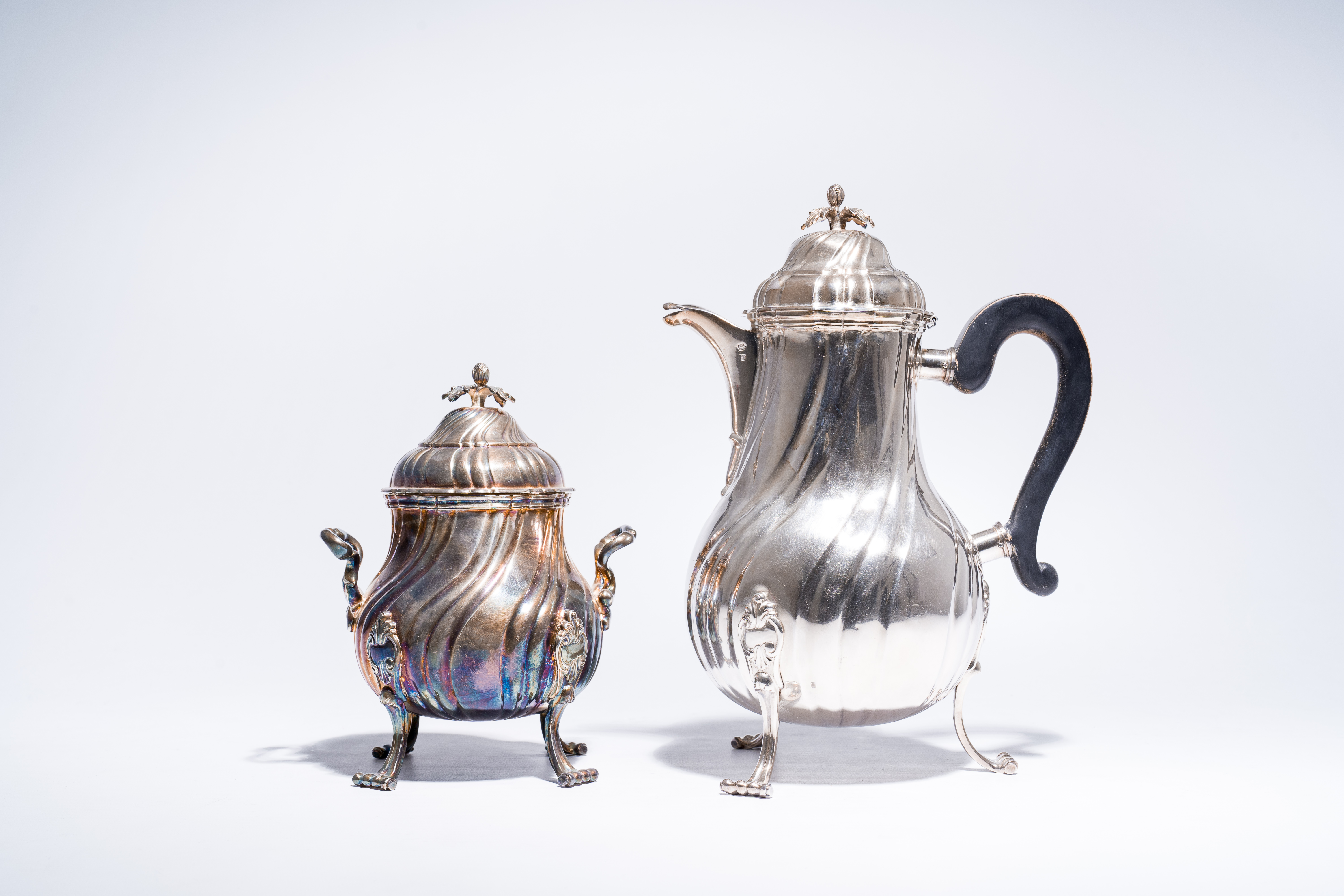 A silver Louis XV style coffee pot, Lille, maker's mark R.I.D., dated [17]84 and a sugar jar, maker' - Image 2 of 11