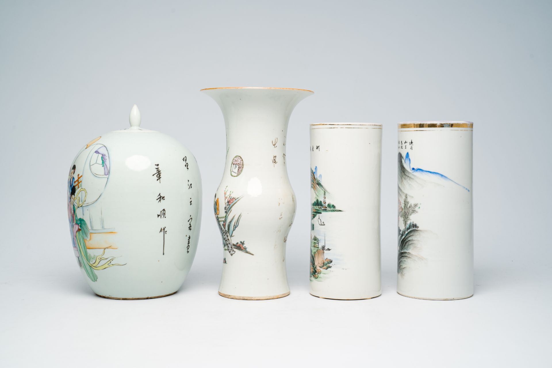 Two Chinese qianjiang cai hat stands with an animated river landscape, a yenyen vase and a famille r - Image 3 of 7