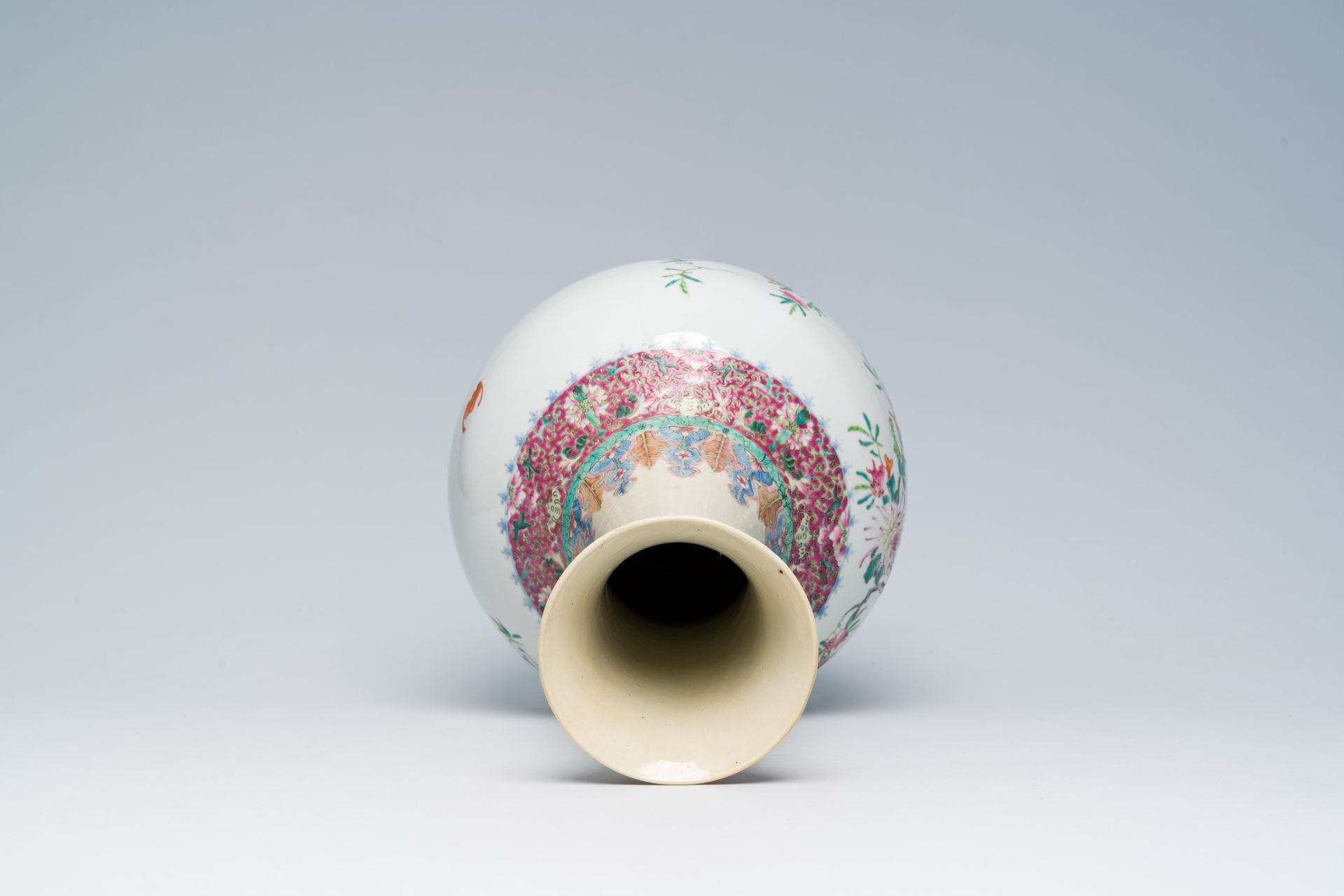 A Chinese famille rose bottle shaped vase with floral design, Hongxian mark, 20th C. - Image 5 of 6