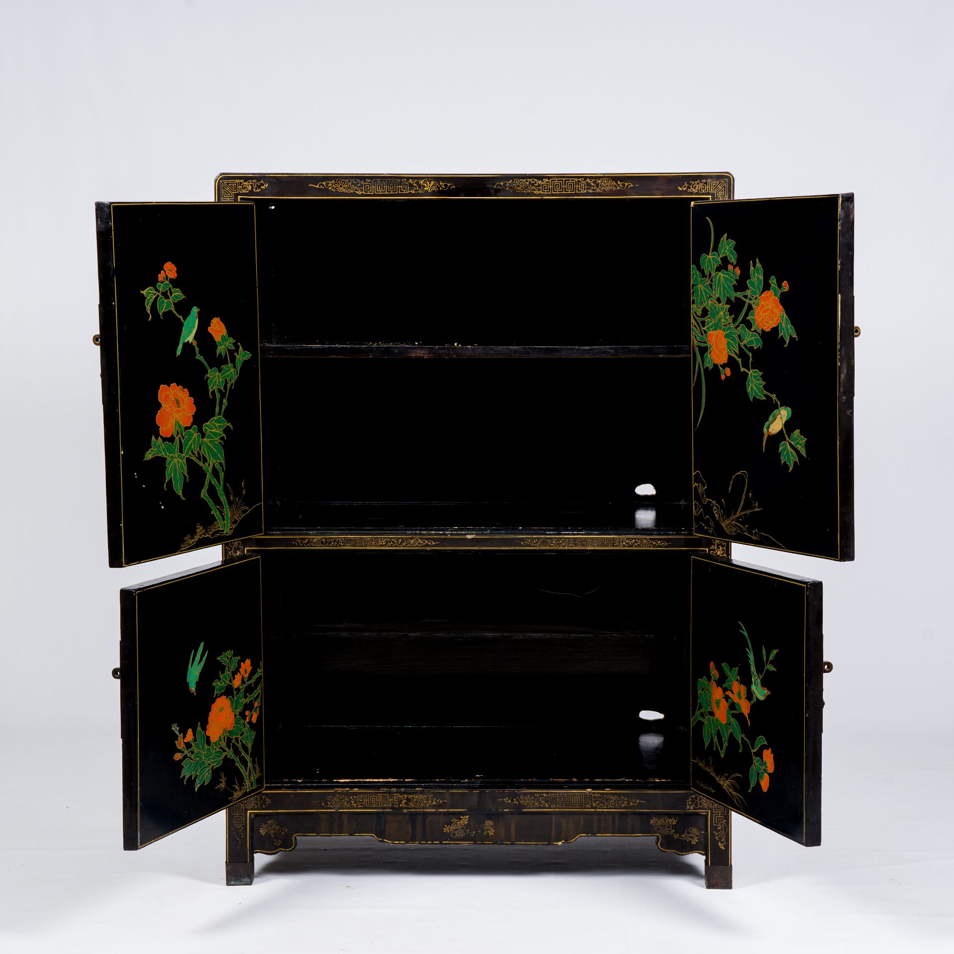 A Chinese lacquered wood cabinet inlaid with semi-precious stones showing ladies on a terrace, flowe - Image 10 of 13