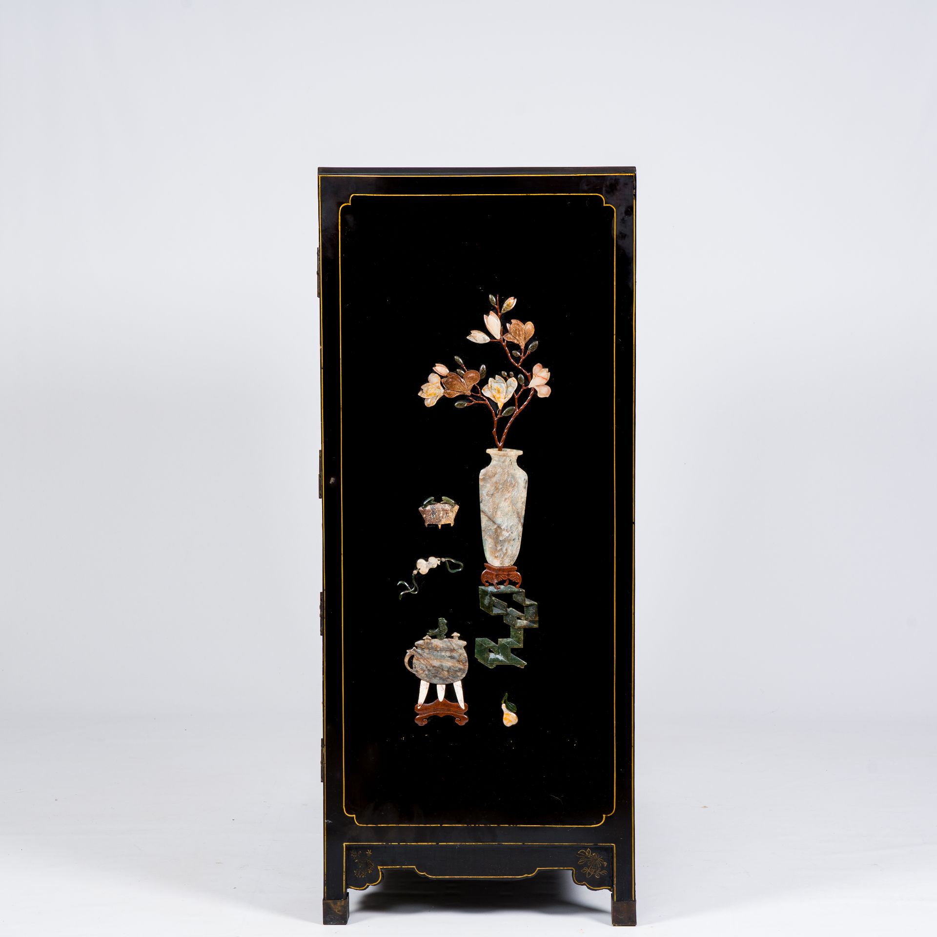A Chinese lacquered wood cabinet inlaid with semi-precious stones showing ladies on a terrace, flowe - Image 11 of 13