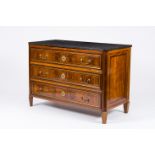 A French Neoclassical brass mounted wood chest of drawers with bluestone top, 19th/20th C.