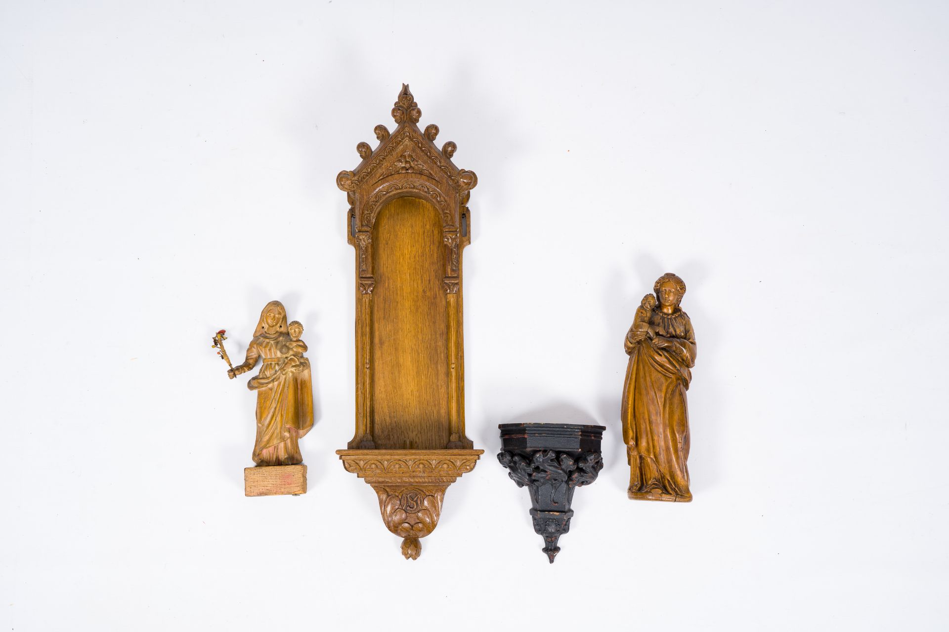 Two carved wood Virgin and Child sculptures with matching base, 18th/19th C. - Image 2 of 3
