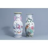 Two Chinese famille rose vases with figures on a terrace and birds among blossoming branches, 19th/2