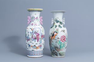 Two Chinese famille rose vases with figures on a terrace and birds among blossoming branches, 19th/2