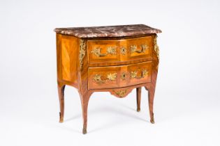 A French Louis XV style bronze mounted veneered wood chest of drawers with marble top, 18th C.