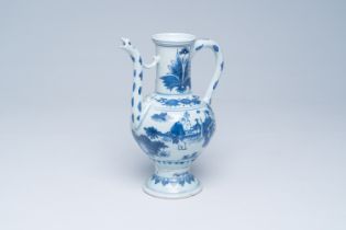 A Chinese blue and white ewer with an Immortal and his servant in a landscape, Transitional period,