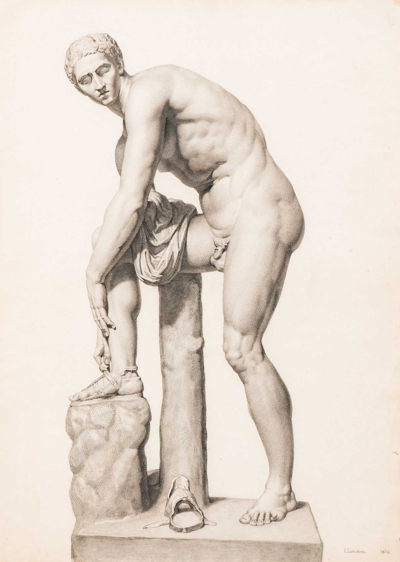 Constant Lorichon(1800-1856): Hermes fastening his sandal, pencil and charcoal on paper, dated 1816