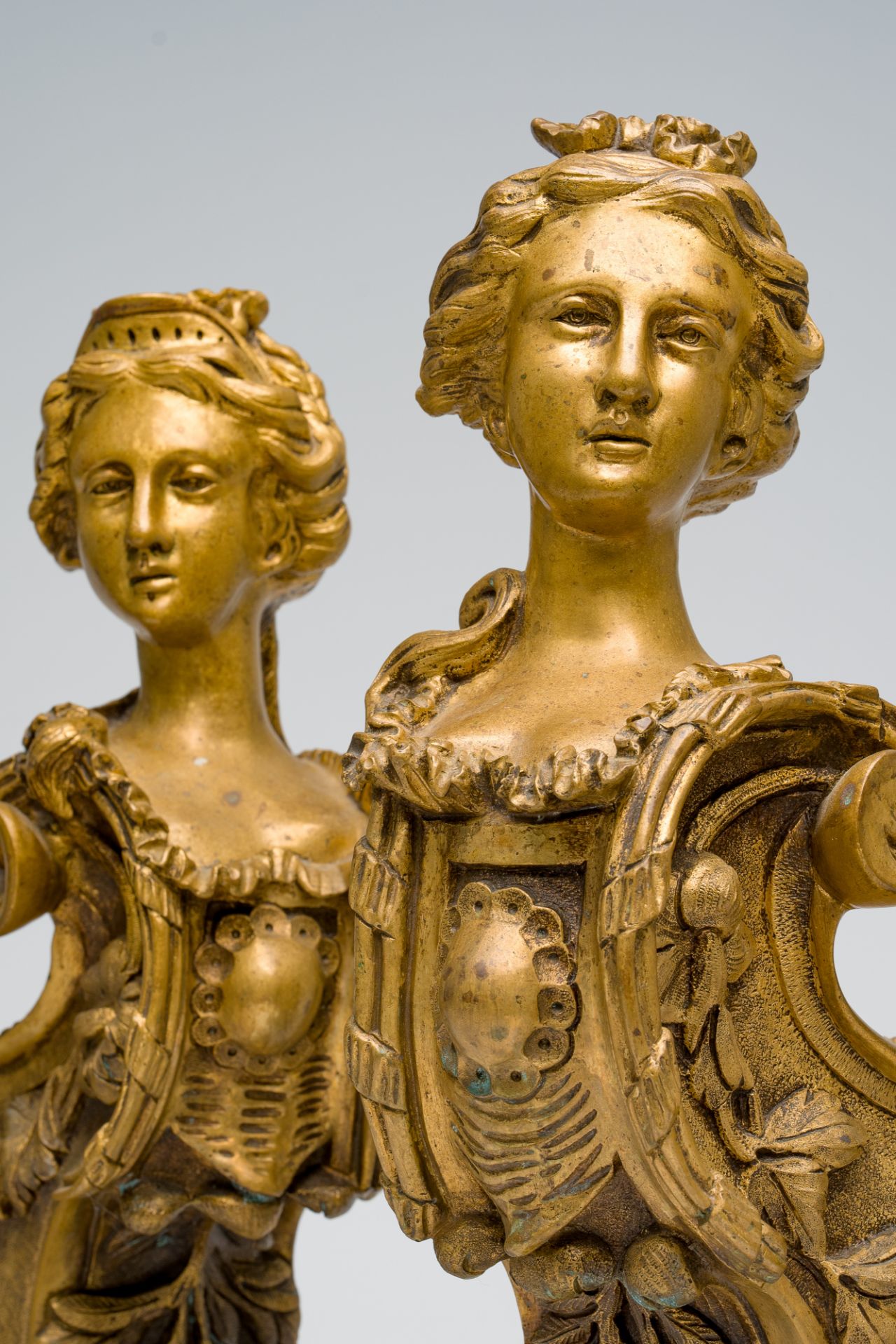 A pair of French Louis XIV style bronze andirons crowned with a regal lady's bust in the manner of F - Image 8 of 8