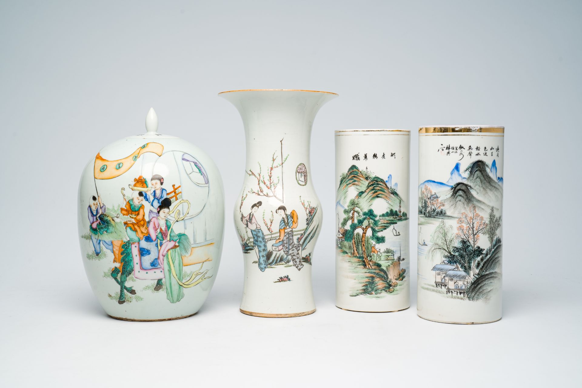 Two Chinese qianjiang cai hat stands with an animated river landscape, a yenyen vase and a famille r