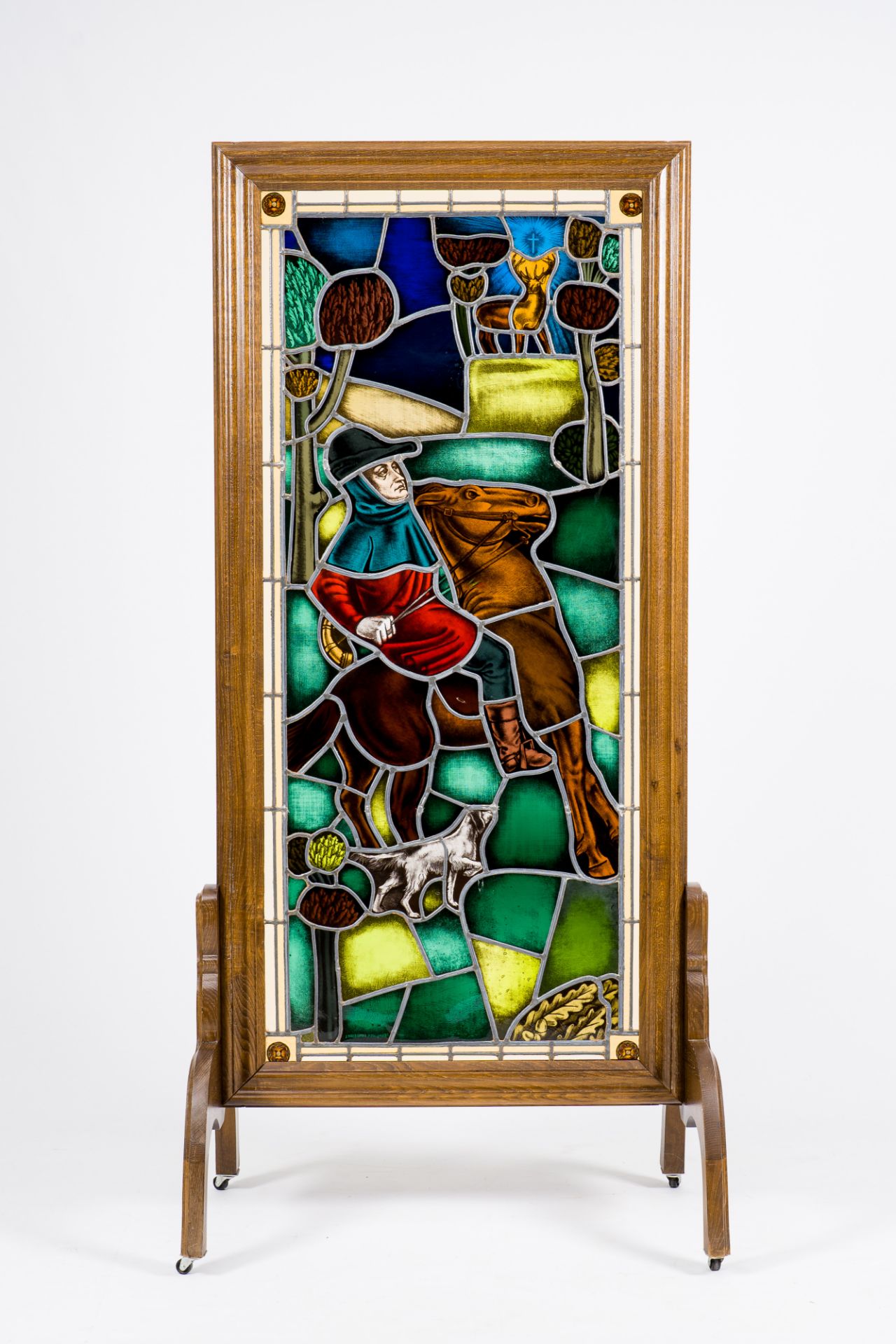 Frans Van Immerseel (1909-1978): A painted and stained glass 'Saint Hubertus' window in a wood frame - Image 2 of 11