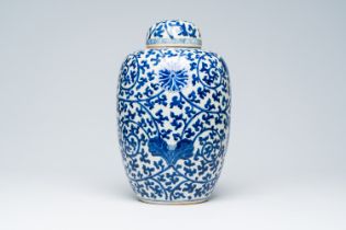 A Chinese blue and white crackle glazed 'lotus scrolls' jar and cover, Kangxi mark, 19th C.