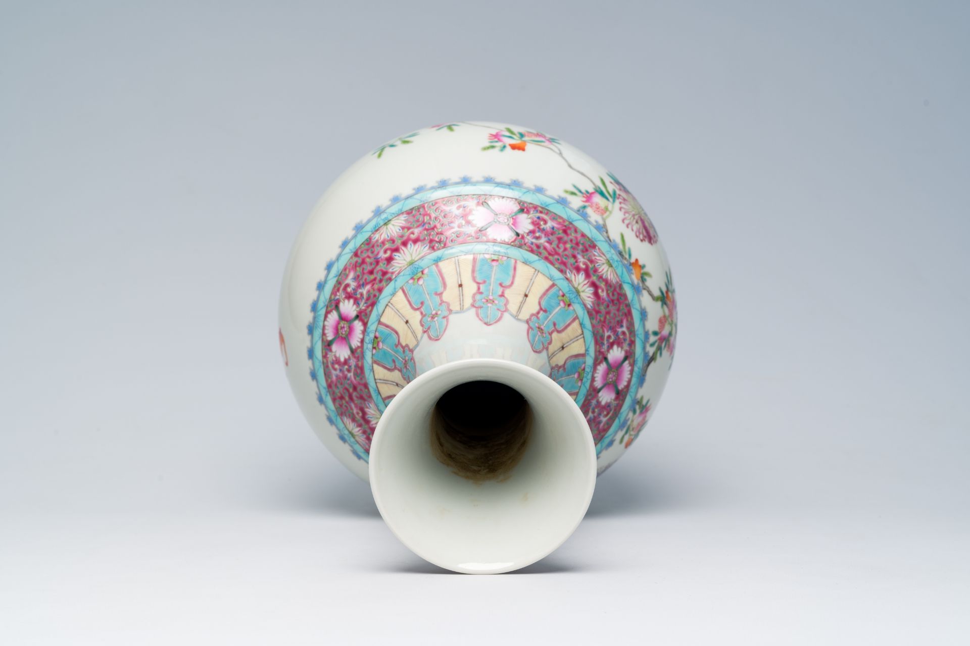 A Chinese famille rose bottle shaped vase with floral design, Hongxian mark, 20th C. - Image 5 of 6