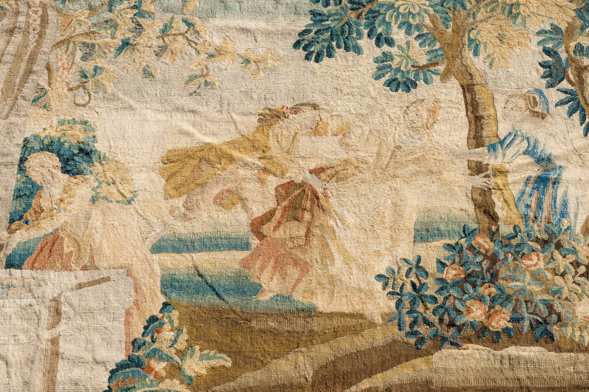 A large French Aubusson wall tapestry with dancers in a landscape, 18th C. - Image 4 of 6