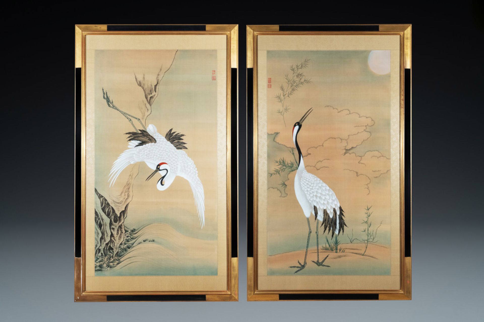 Chinese school: Two cranes, ink and colours on silk, 20th C.