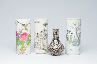 Three Chinese qianjiang cai hat stands with ladies and a bird among blossoming branches and a vase w