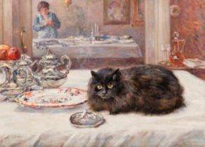 Leon Houbaer (1861-1935): Interior with a cat, oil on canvas, dated (19)31