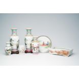 A varied collection of Chinese famille rose and qianjiang cai porcelain with figures, landscapes and