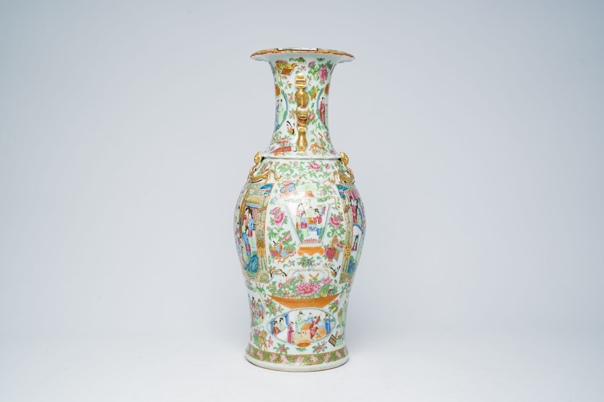 A Chinese baluster shaped Canton famille rose vase with palace scenes, 19th C. - Image 2 of 6