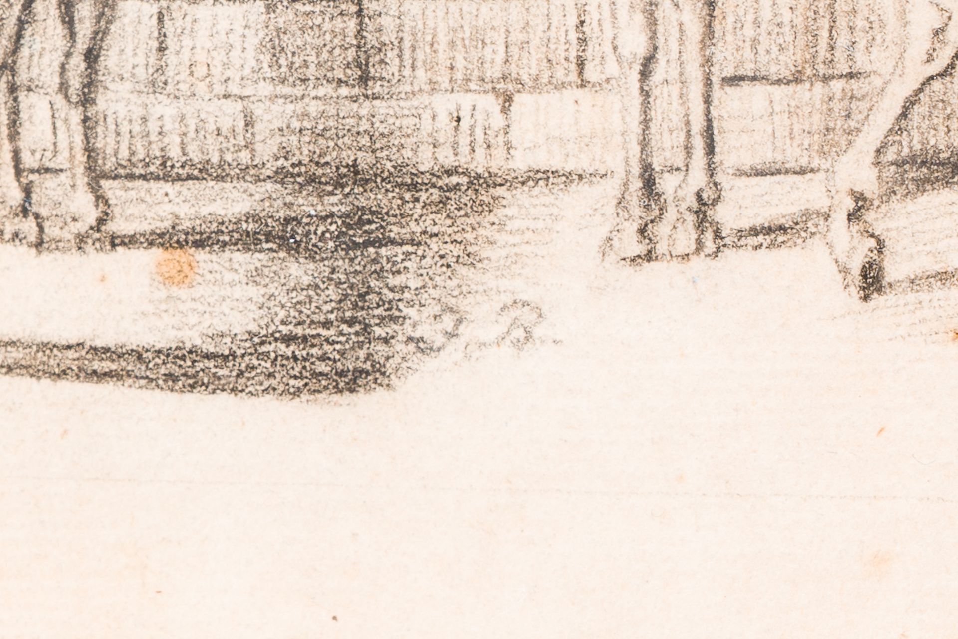 Monogrammed F.B. (?): Shepherds with their cattle at a fountain, pencil on paper, 19th C. - Image 3 of 6