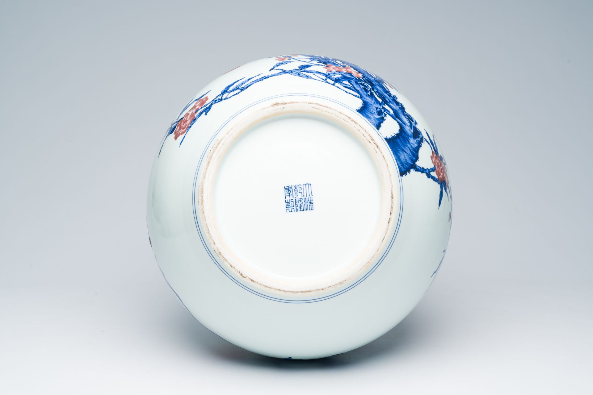 A Chinese blue, white and copper-red 'nine peaches' tianqu ping vase, Qianlong mark, 20th C. - Image 6 of 6