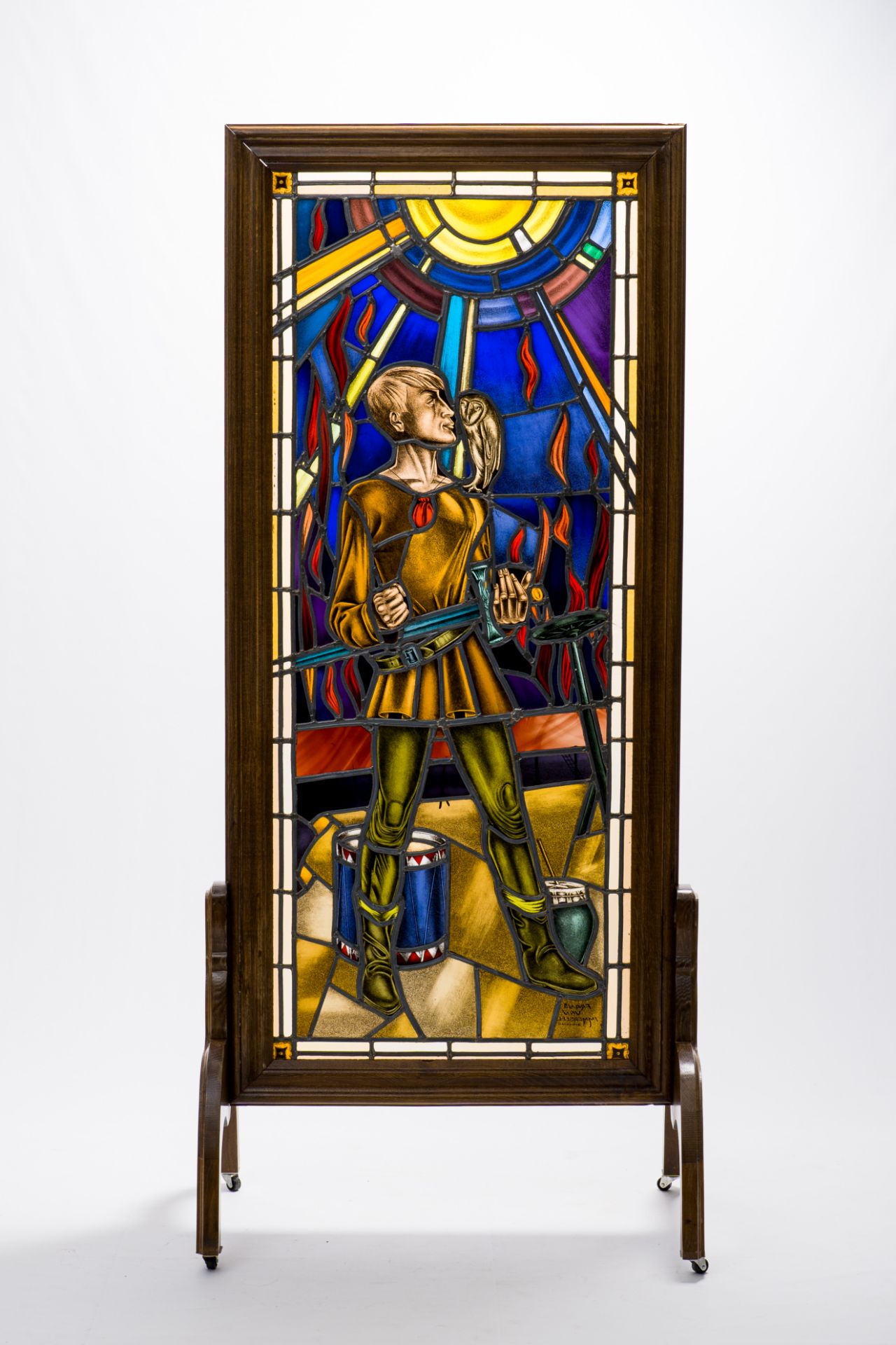 Frans Van Immerseel (1909-1978): A painted and stained glass 'Till Eulenspiegel' window in a wood fr - Image 8 of 8