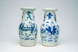 Two Chinese blue and white celadon ground vases with an Immortal and his servants in a landscape, 19
