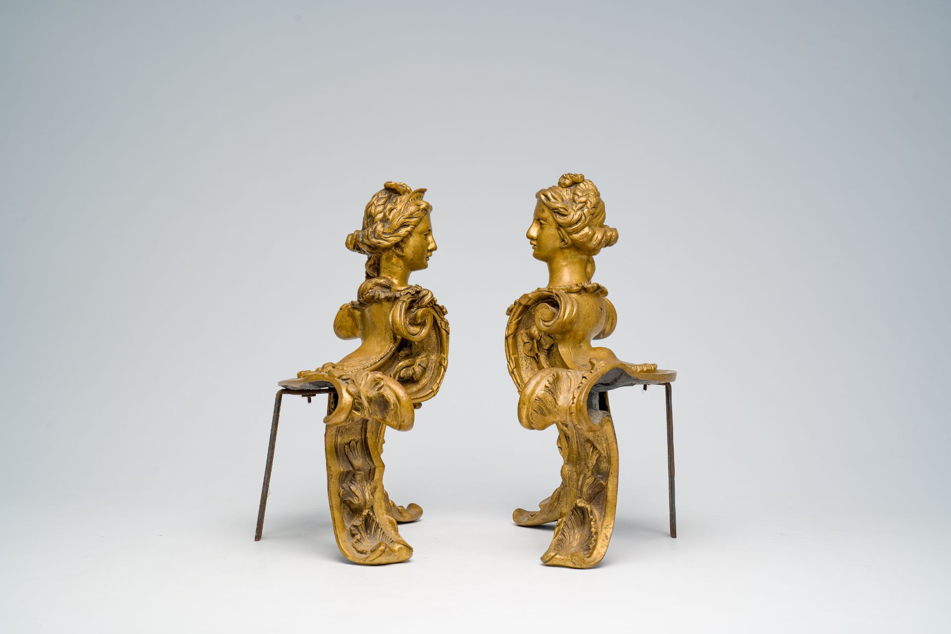 A pair of French Louis XIV style bronze andirons crowned with a regal lady's bust in the manner of F - Image 5 of 8