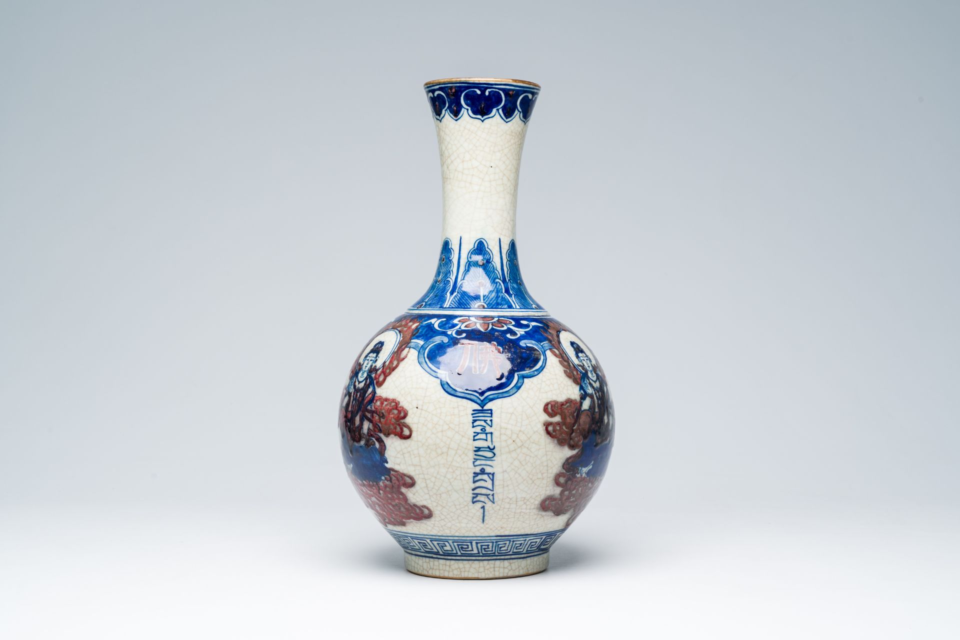 A Chinese bottle shaped crackle glazed blue, white and copper-red 'deities' vase, Yongzheng mark, 19 - Image 2 of 6